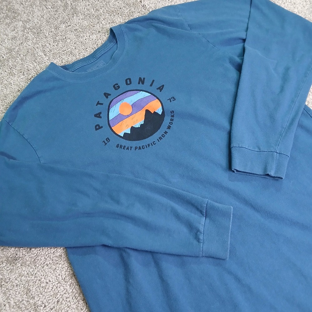 Patagonia Mens Blue Long Sleeve Great Pacific Iron Works Graphic T-Shirt Large